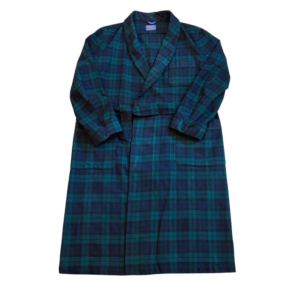 Vtg Pendleton Bath Robe Mens Sz Large Tartan Blue Green 100% Virgin Wool USA 70s